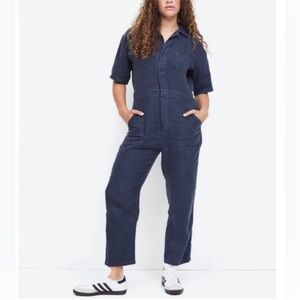 Mate the Label 100% linen short-sleeved jumpsuit in soft muted dark blue, XS